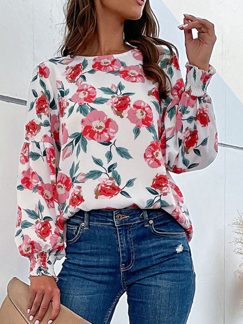 Perfee Floral Long Puff Sleeve Round Neck Blouse