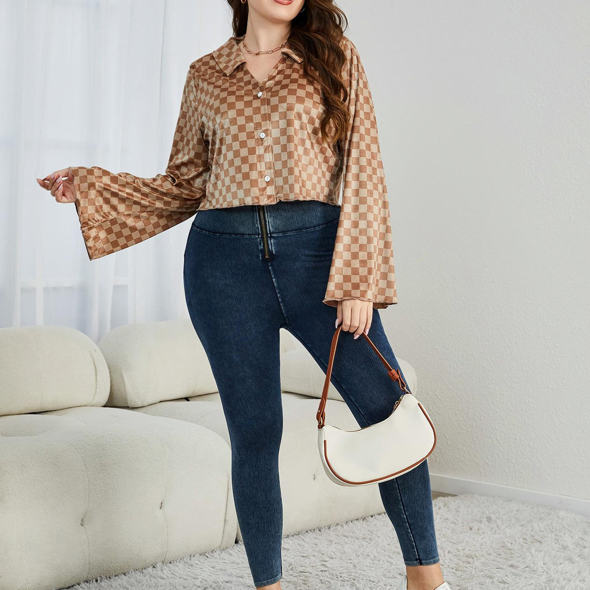 Plus Size Checkered Johnny Collar Flare Sleeve Shirt
