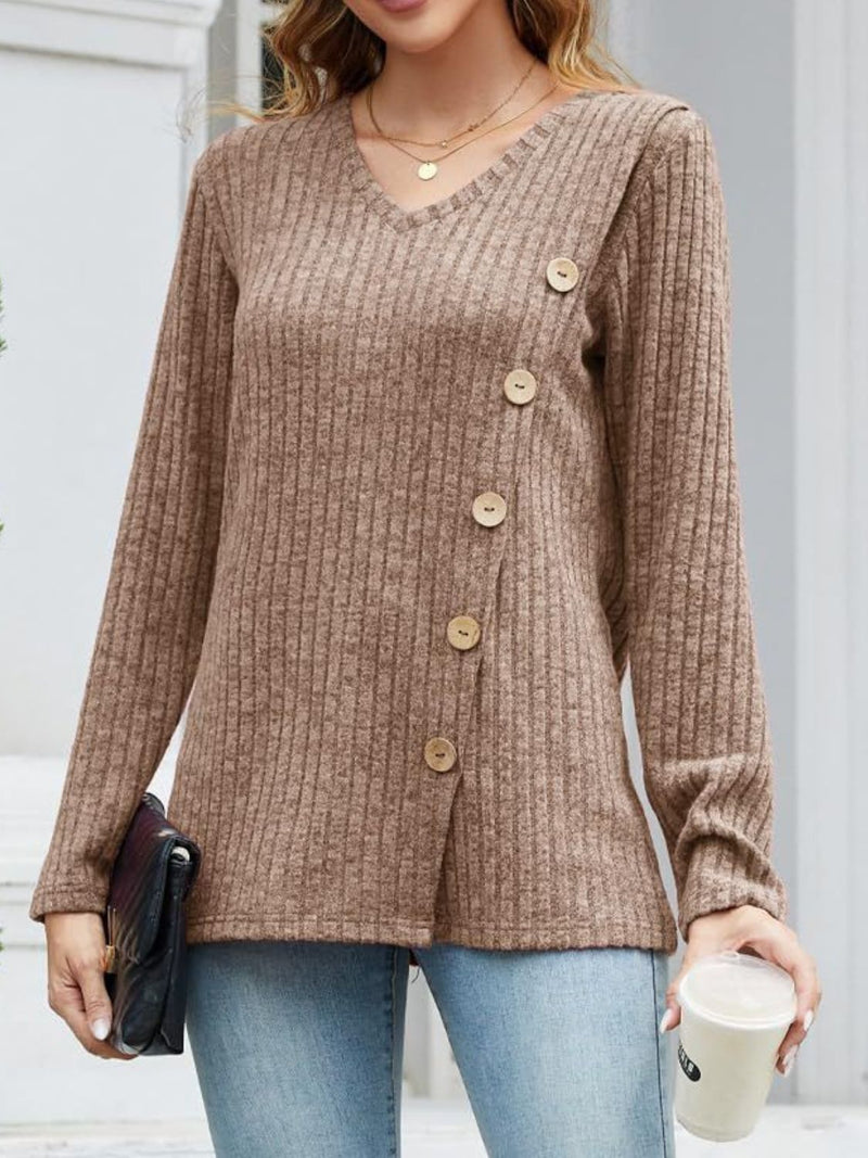 V-Neck Long Sleeve T-Shirt Camel