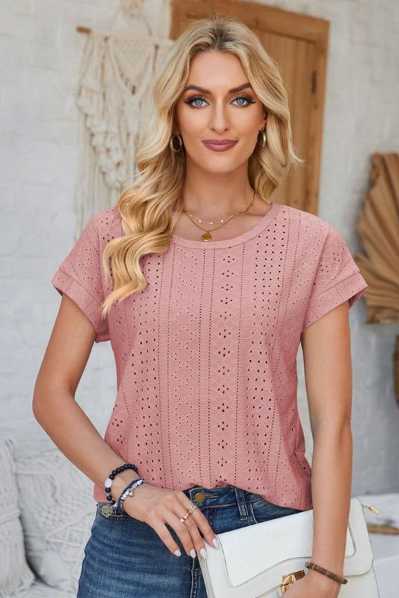 Eyelet Round Neck Rolled Short Sleeve T-Shirt Dusty Pink