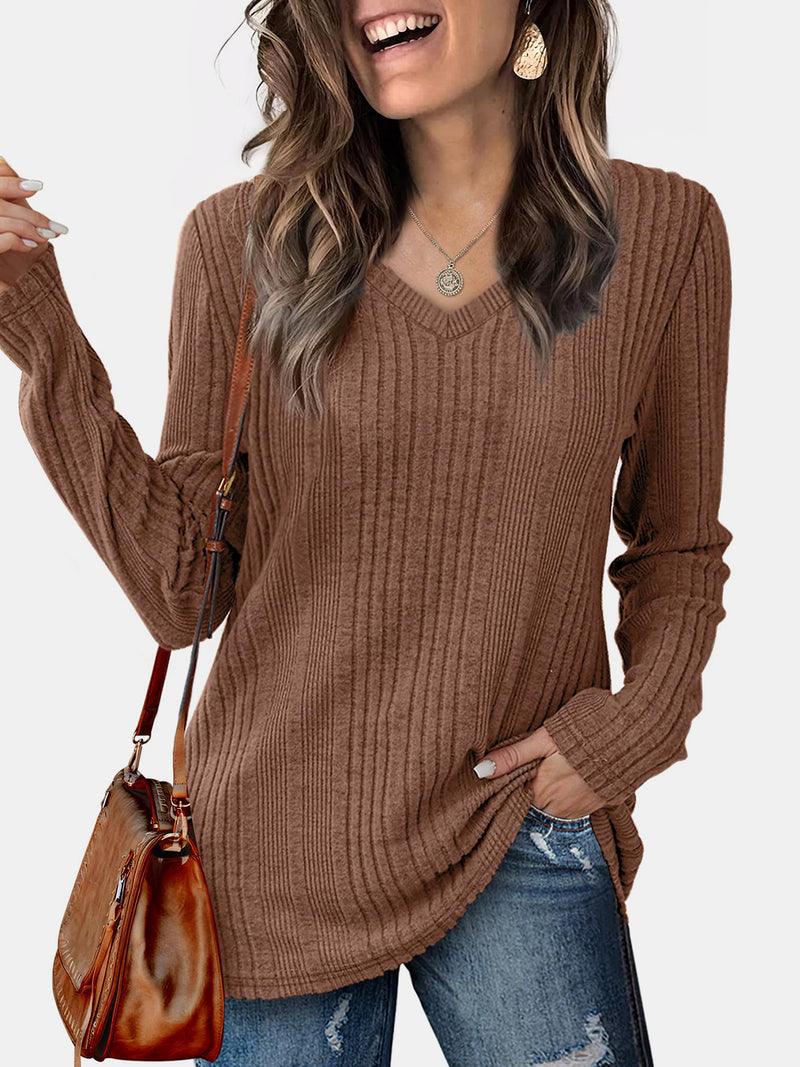 V-Neck Long Sleeve T-Shirt Brown