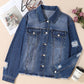 Plus Size Distressed Button Up Raw Hem Denim Jacket