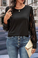Perfee Round Neck Lace Trim Long Sleeve Sweatshirt Black