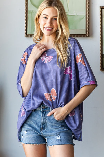 HOPELY Bow Print Waffle Side Slit T-Shirt Purple