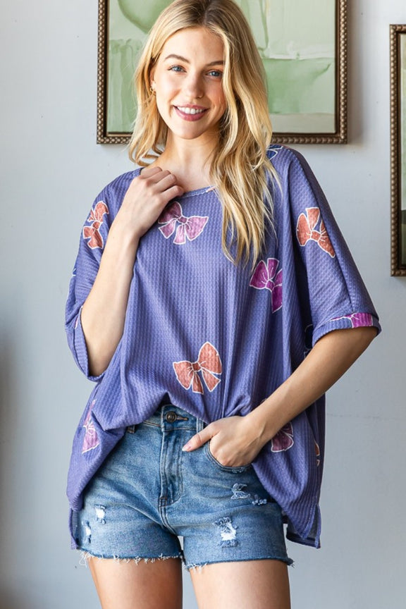 HOPELY Bow Print Waffle Side Slit T-Shirt Purple