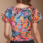 Ruched Printed V-Neck Short Sleeve Blouse