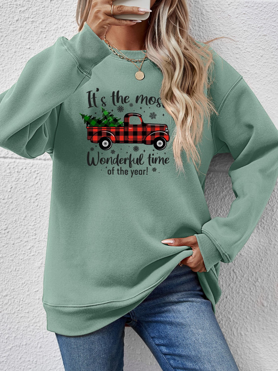 Graphic Round Neck Long Sleeve Sweatshirt Sage