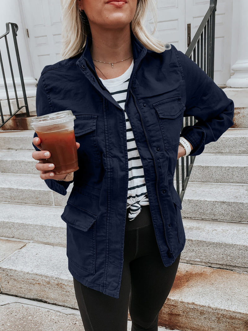 Pocketed Long Sleeve Zip Up Jacket Dark Navy