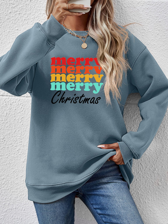 MERRY CHRISTMAS Graphic Long Sleeve Sweatshirt Teal