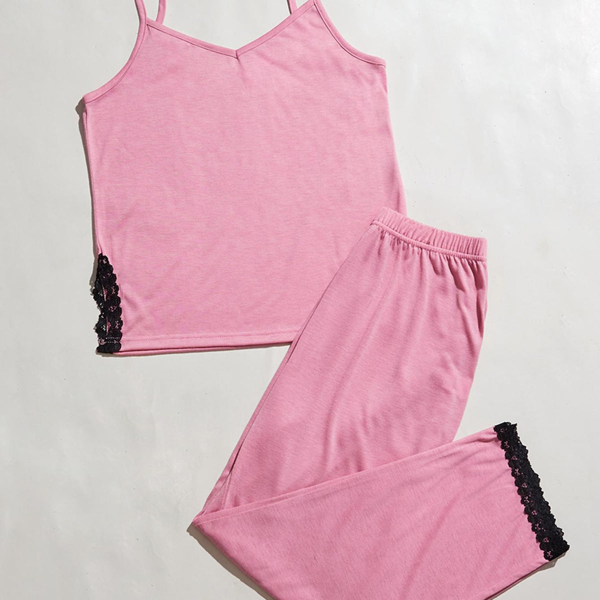 V-Neck Lace Trim Slit Cami and Pants Pajama Set
