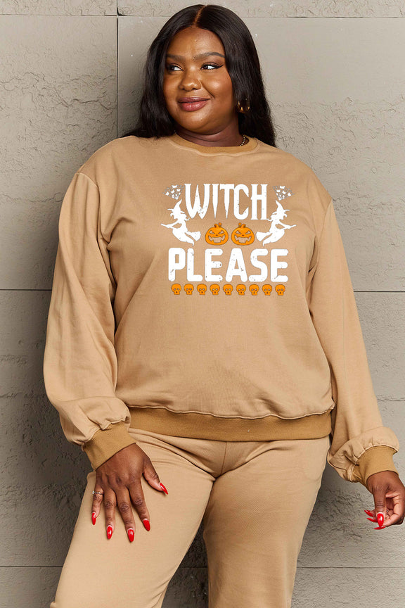 Simply Love Full Size WITCH PLEASE Graphic Sweatshirt Tan