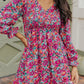 Floral Smocked V-Neck Flounce Sleeve Dress