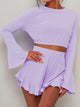 Round Neck Long Sleeve Top and Ruffled Shorts Set Lavender