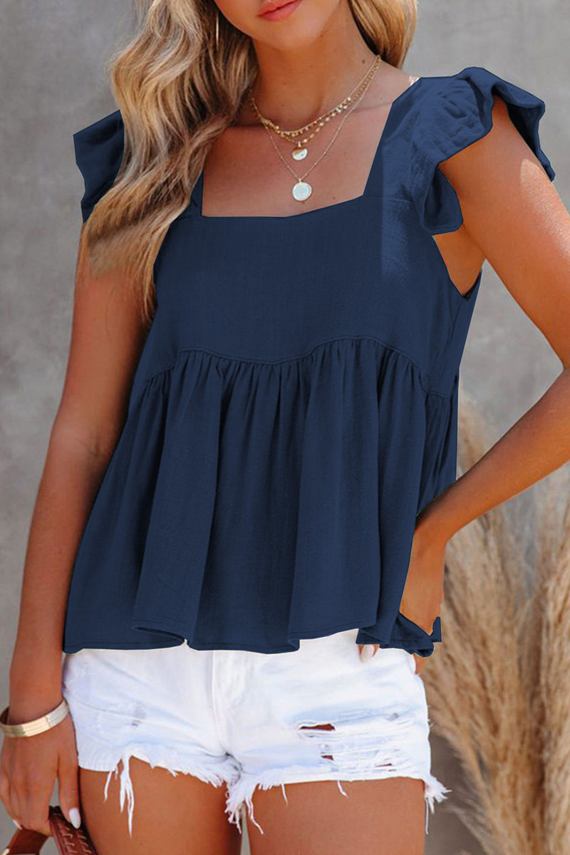 Full Size Ruffled Square Neck Cap Sleeve Blouse Dark Blue