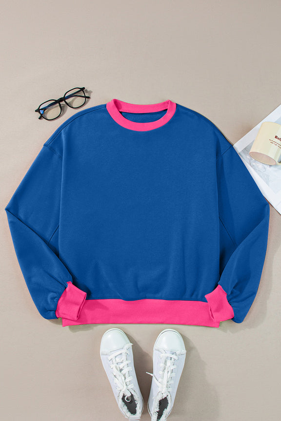 Contrast Round Neck Long Sleeve Sweatshirt Peacock Blue