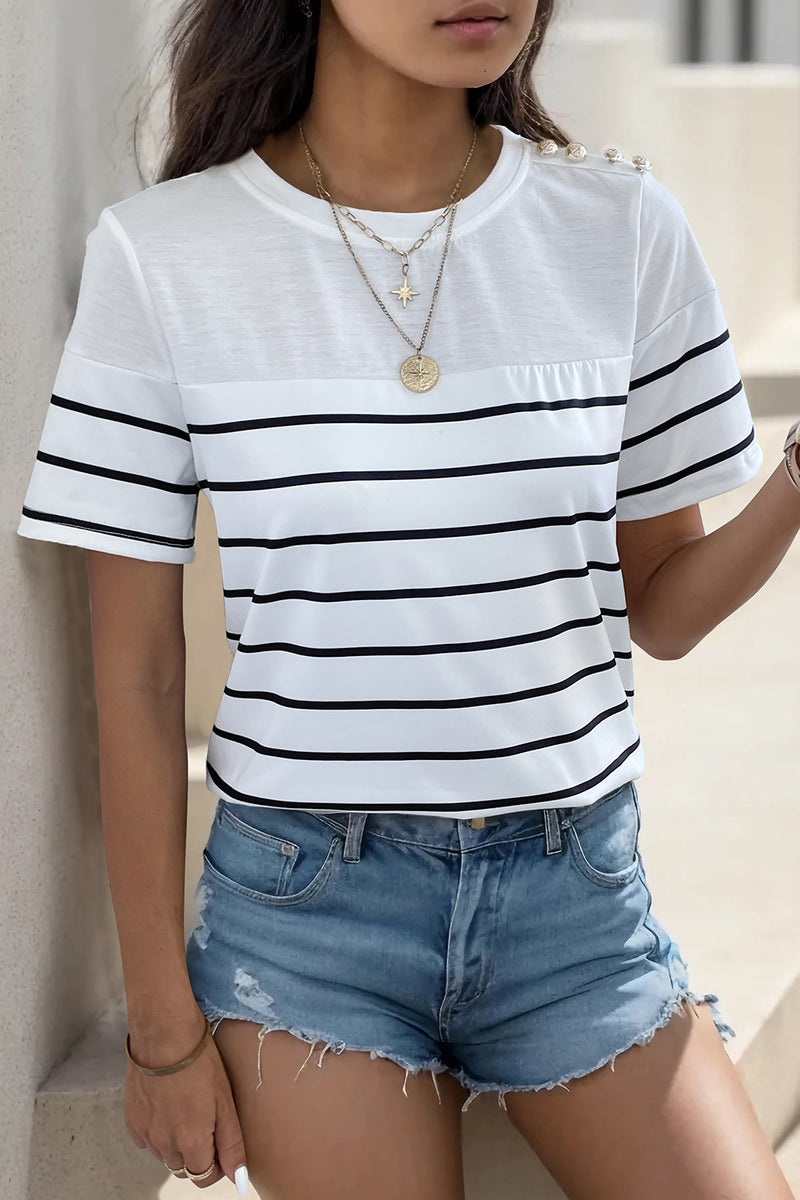 Perfee Decorative Button Striped Short Sleeve T-Shirt