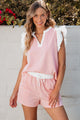 Ruffled Notched Top and Drawstring Shorts Set Blush Pink