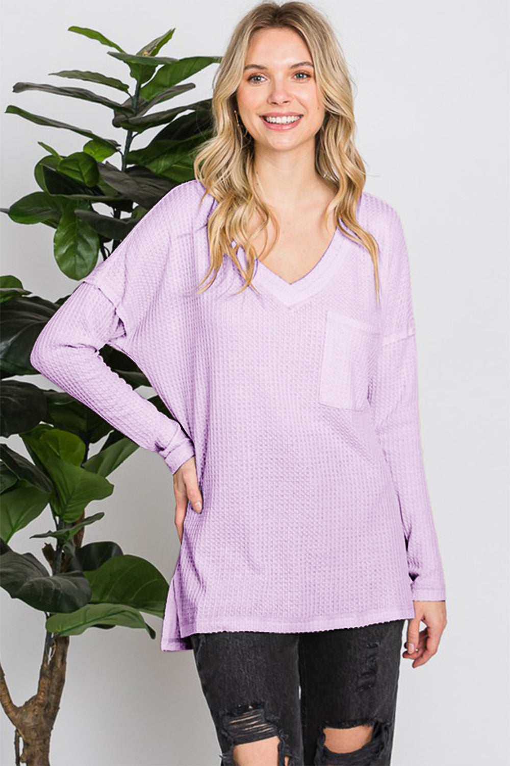Reborn J Waffle Knit V-Neck Long Sleeve T-Shirt LILAC
