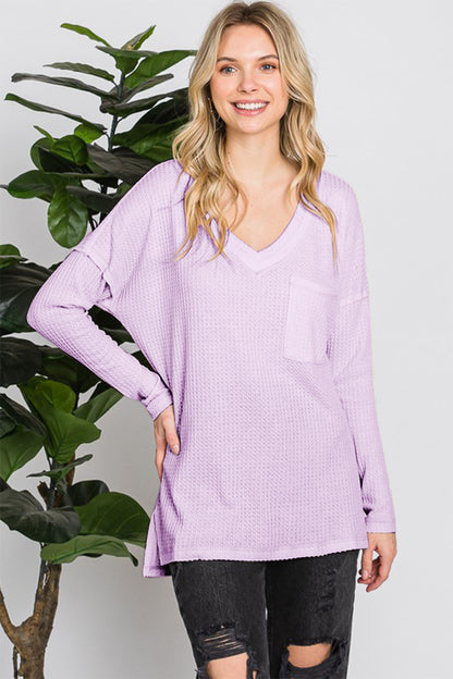 Reborn J Waffle Knit V-Neck Long Sleeve T-Shirt LILAC