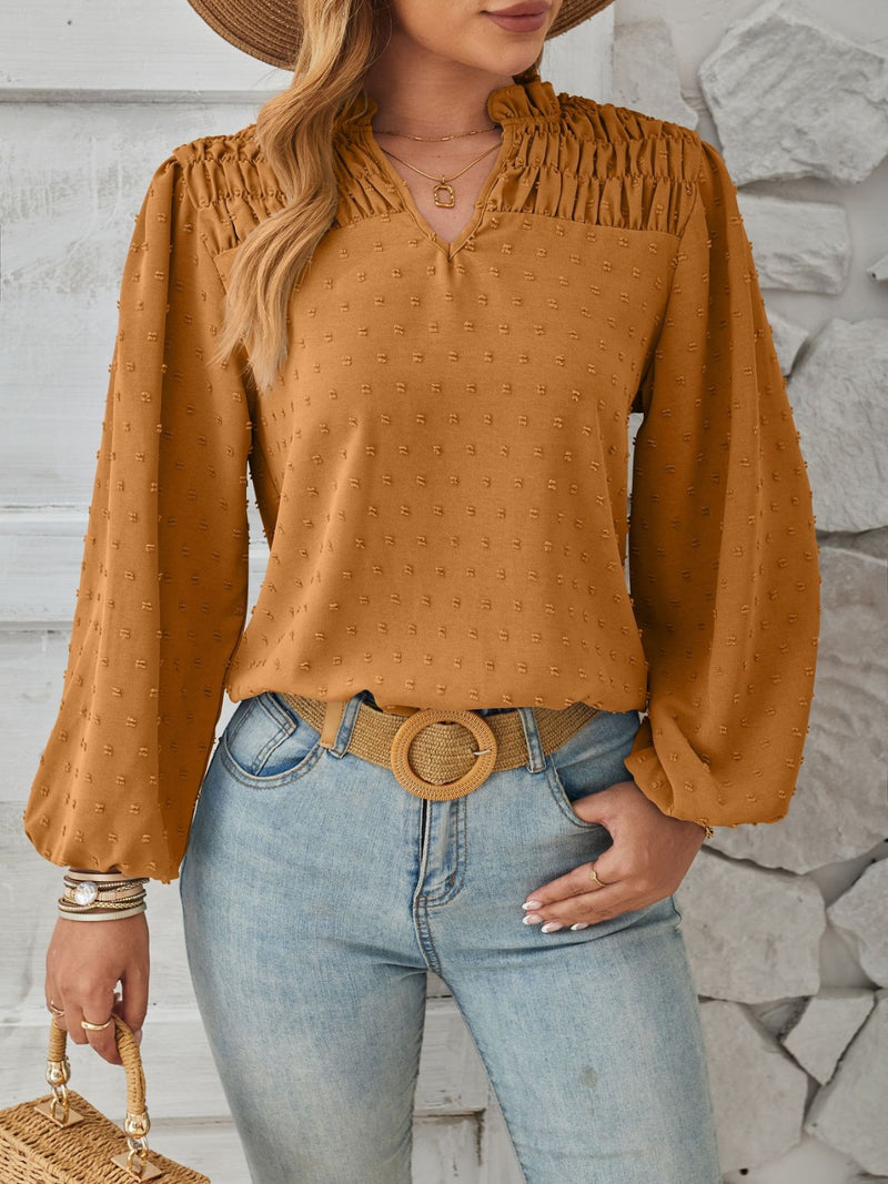 Ruched Swiss Dot Notched Balloon Sleeve T-Shirt Caramel