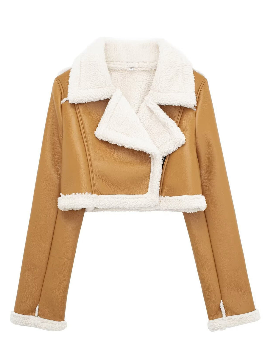 Collared Neck Long Sleeve Plush Cropped Jacket Mustard