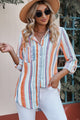 Striped Button-Up Curved Hem Shirt with Breast Pocket Orange Blue