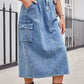 Slit Buttoned Denim Skirt with Pockets