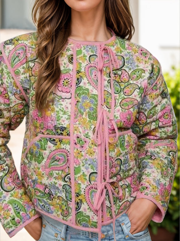 Tied Printed Long Sleeve Jacket Blush Pink
