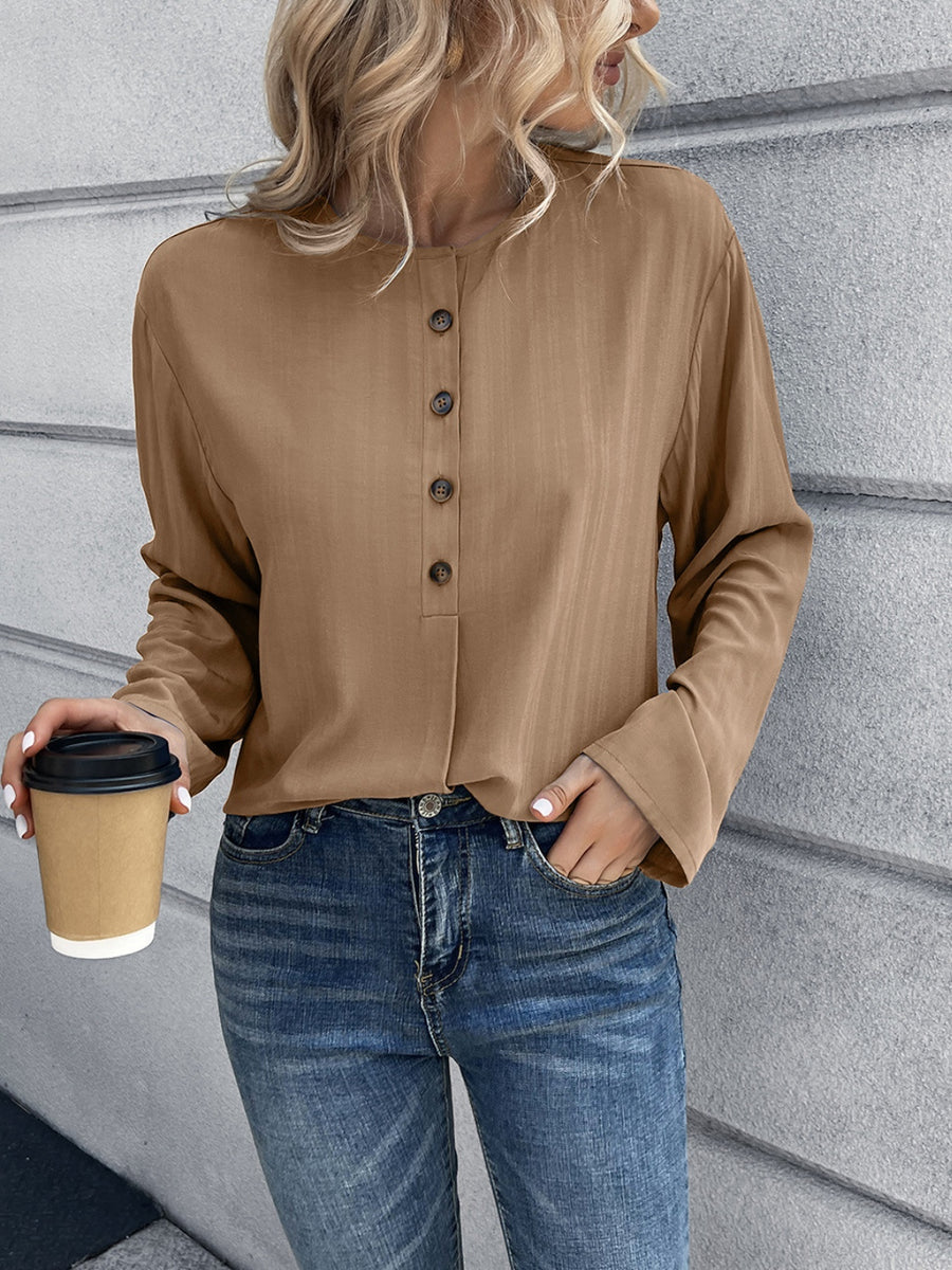 Ivy Lane Half Button Long Sleeve Blouse Camel