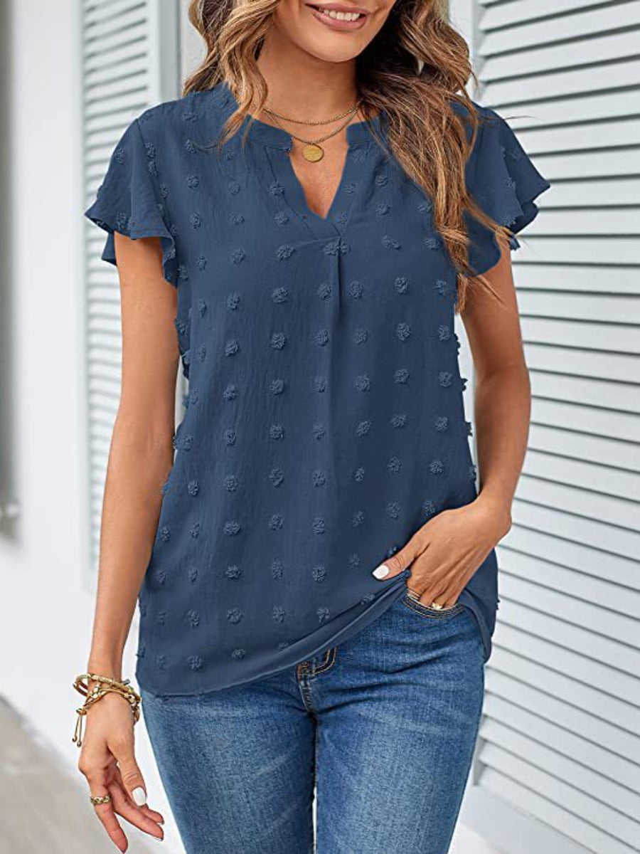 Swiss Dot Notched Cap Sleeve Blouse Dusty Blue