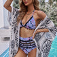 Printed Pompom Detail Halter Neck Two-Piece Bikini Set