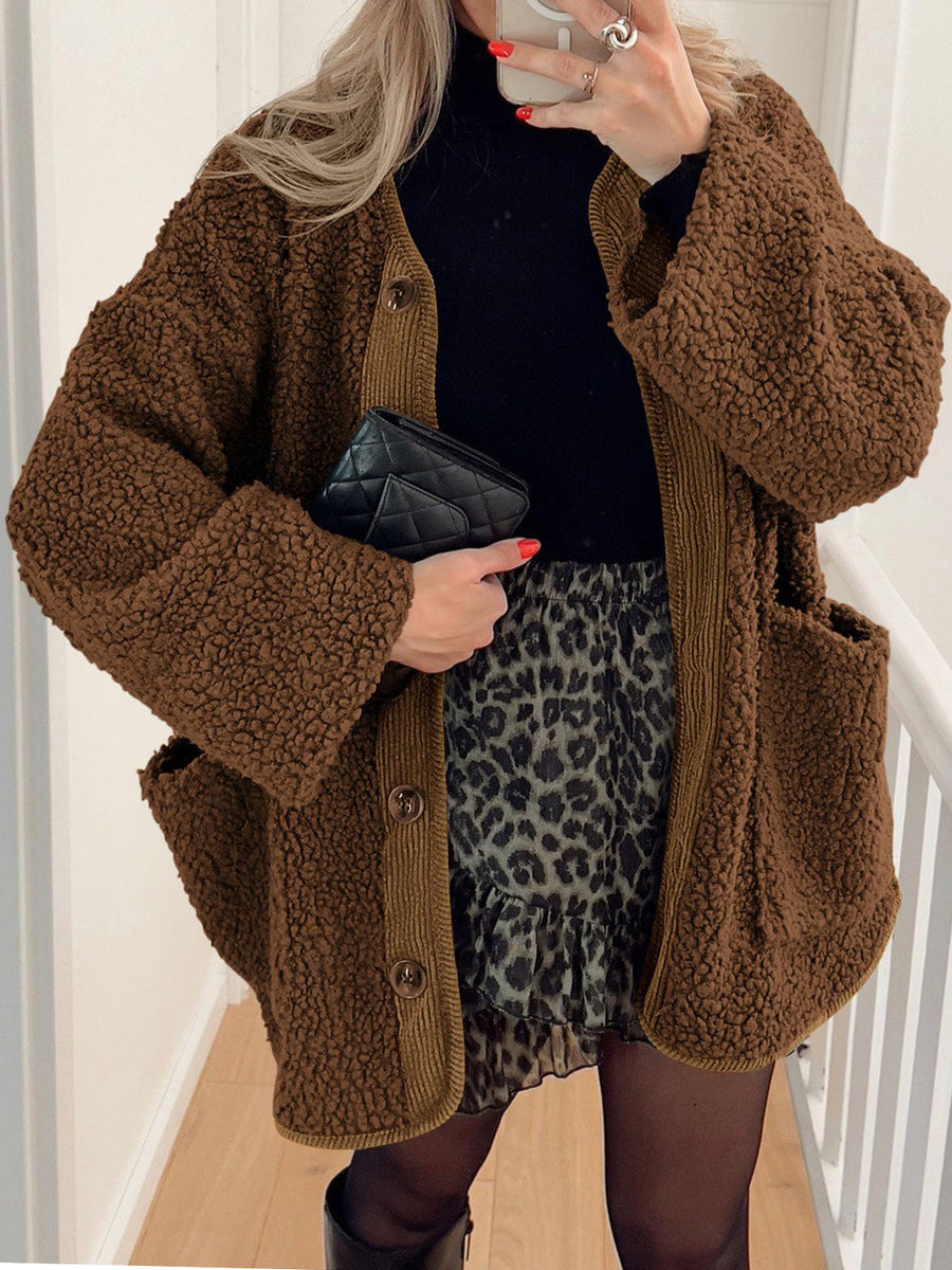 Contrast Button Up Sherpa Jacket with Pockets Brown