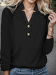 Decorative Button Notched Long Sleeve T-Shirt Black