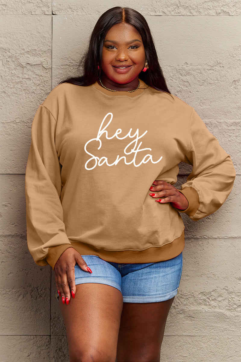 Simply Love Full Size HEY SANTA Graphic Sweatshirt Mocha