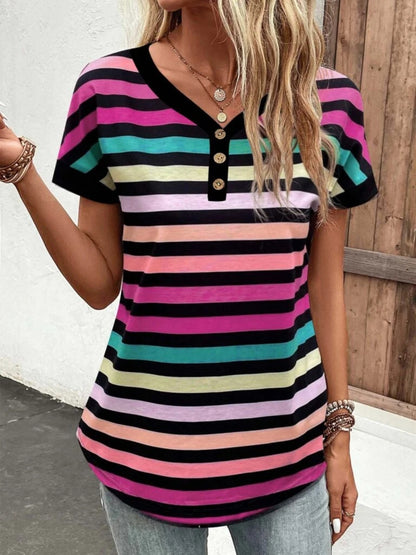 Striped V-Neck Short Sleeve T-Shirt Stripe
