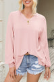 Waffle-Knit V-Neck Long Sleeve Top Blush Pink