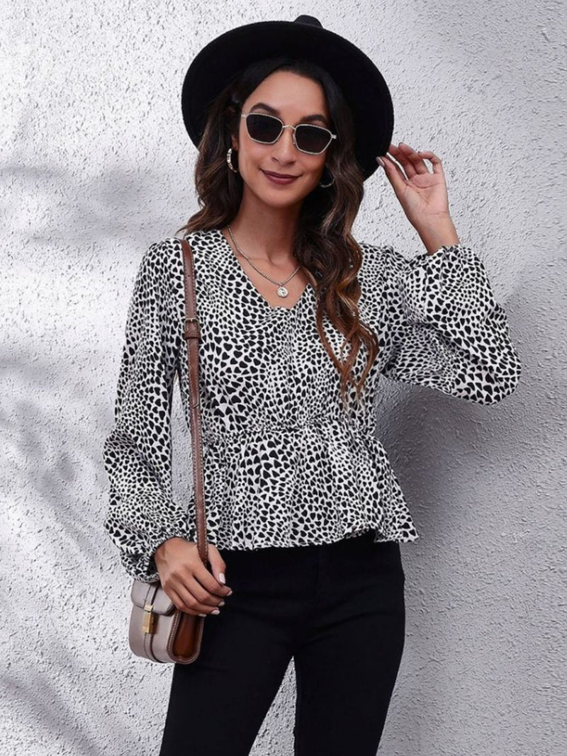 Ruched Printed V-Neck Long Sleeve Blouse