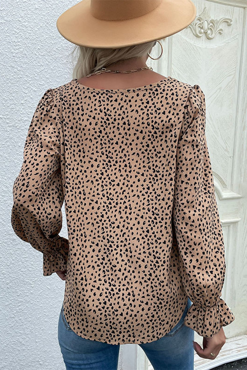 Perfee Leopard Flared Sleeve Round Neck Blouse