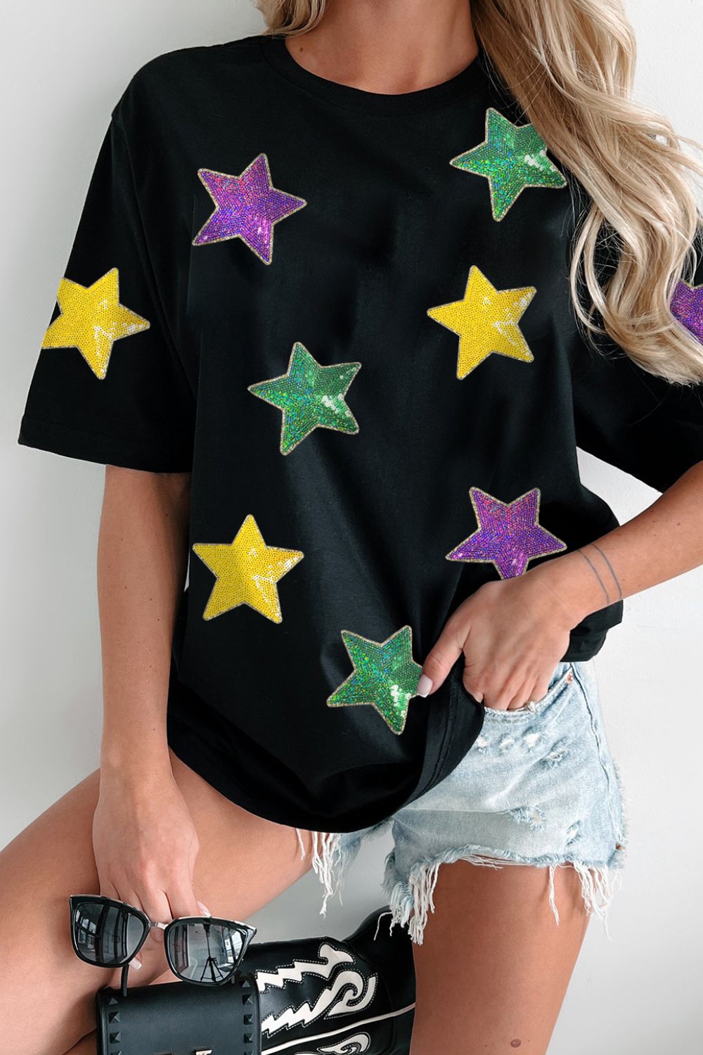 Sequin Stars Patched Round Neck T-Shirt Black
