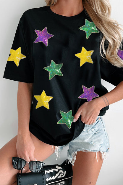 Sequin Stars Patched Round Neck T-Shirt Black