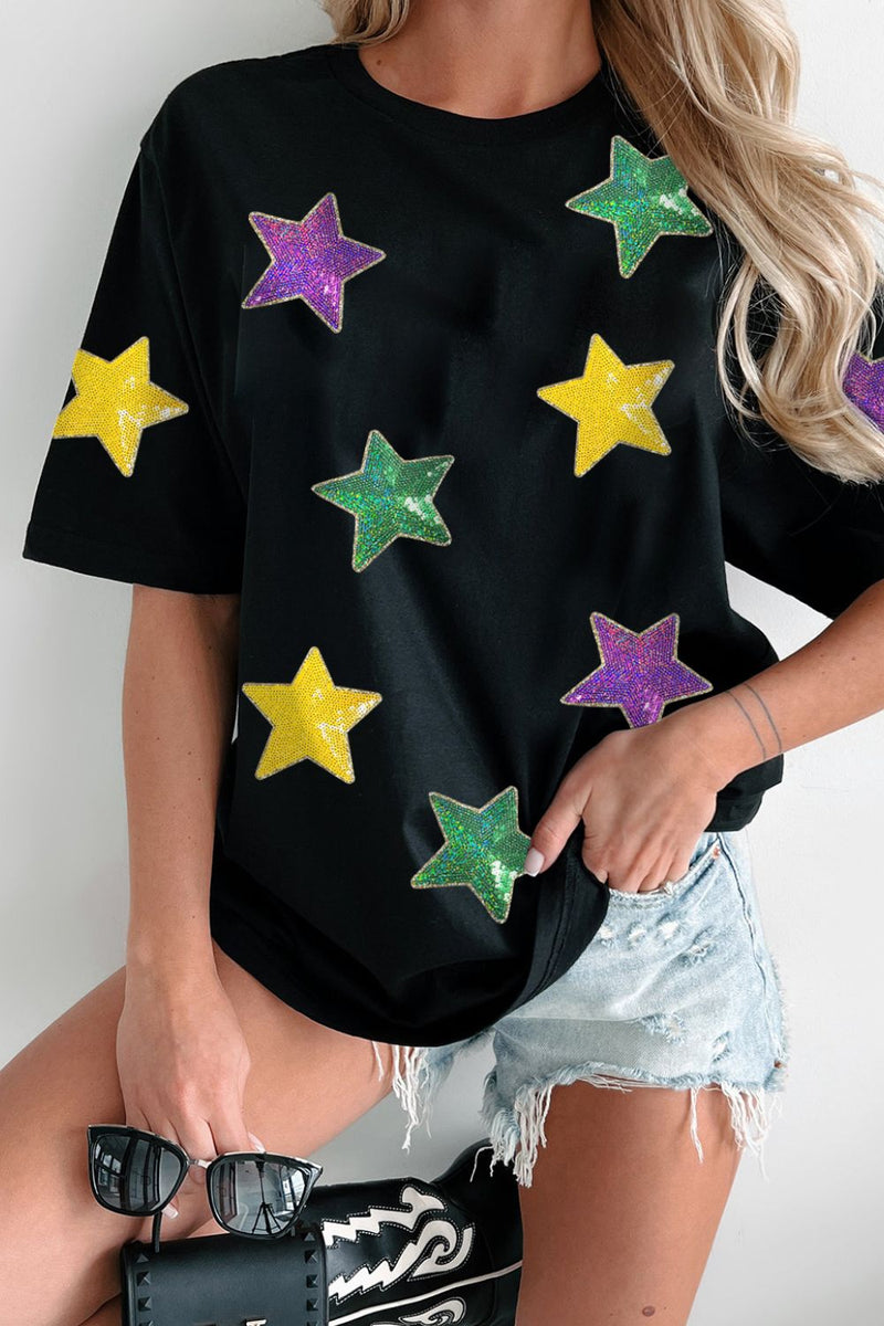 Sequin Stars Patched Round Neck T-Shirt Black