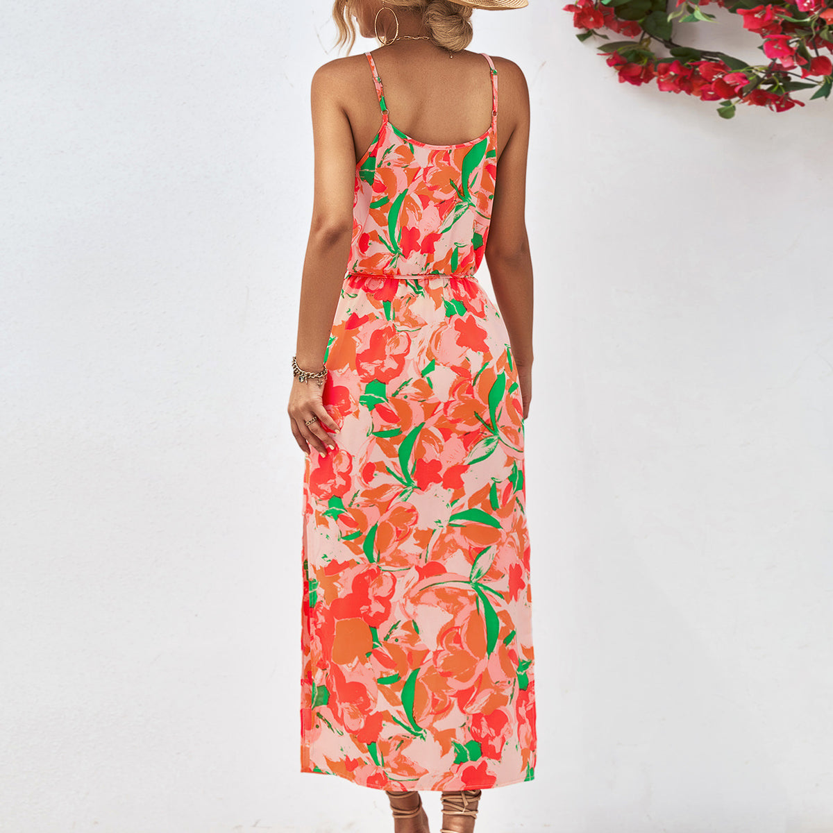 Printed Spaghetti Strap Front Slit Dress