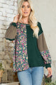 Celeste Full Size Floral Color Block Exposed Seam T-Shirt Hunter Green