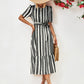 Striped Tie Belt Round Neck Puff Sleeve Dress