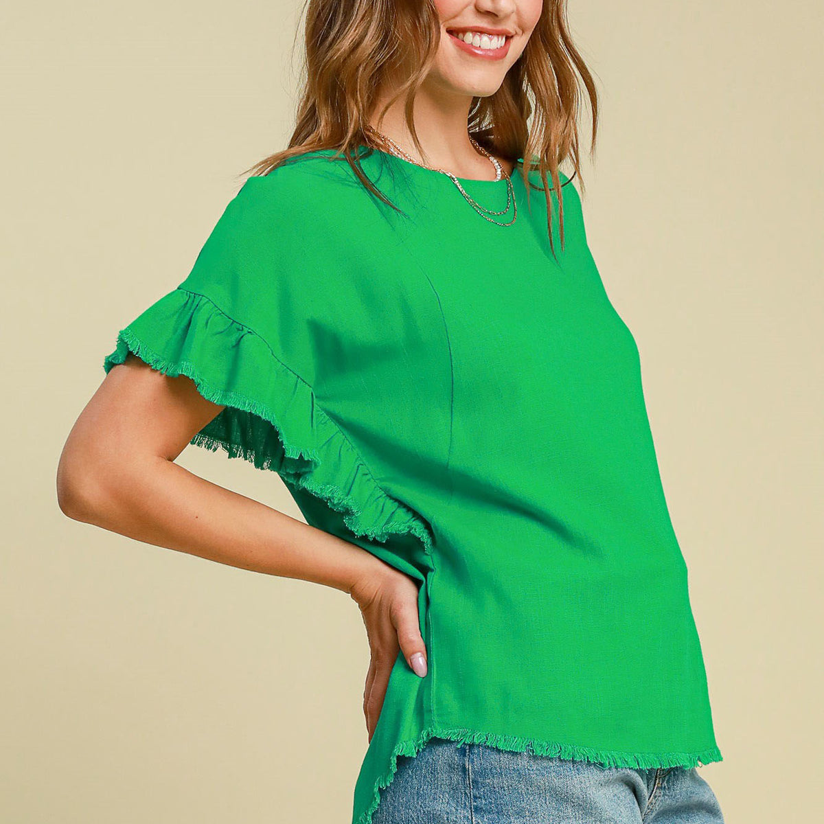 Umgee Full Size Raw Hem Ruffle Short Sleeve Blouse Plus Size
