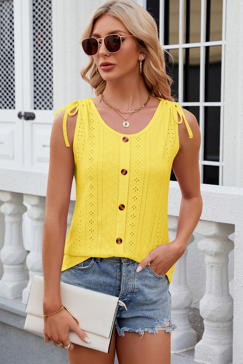 Eyelet Round Neck Wide Strap Tank Yellow