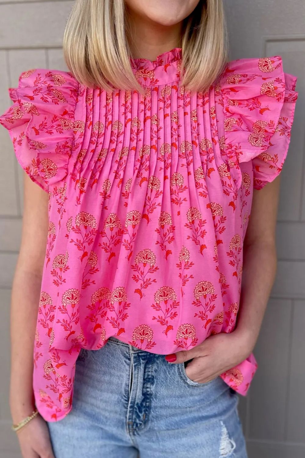 Ruffled Printed Mock Neck Cap Sleeve Blouse Hot Pink