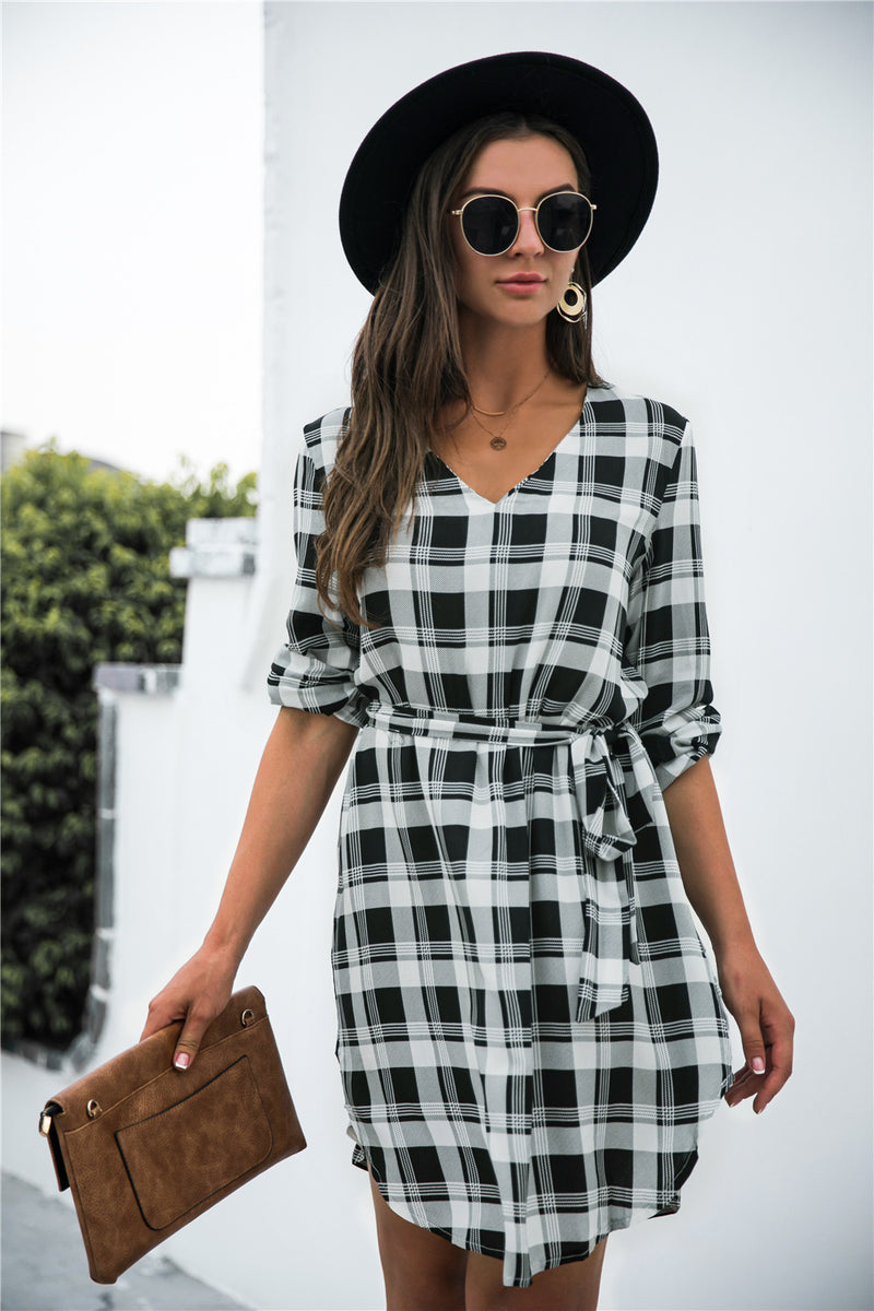 Plaid V-Neck Tie Waist Dress