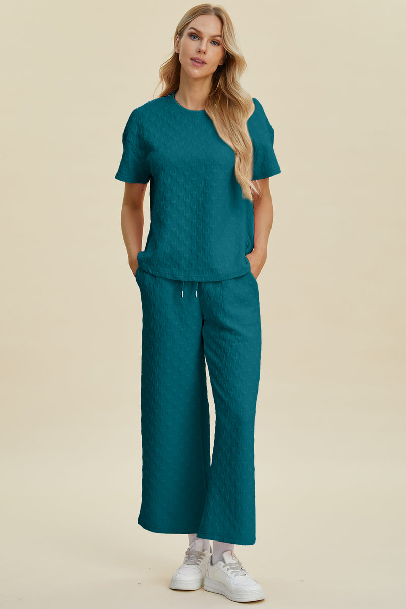 Double Take Full Size Texture Round Neck Short Sleeve Top and Pants Set Cerulean