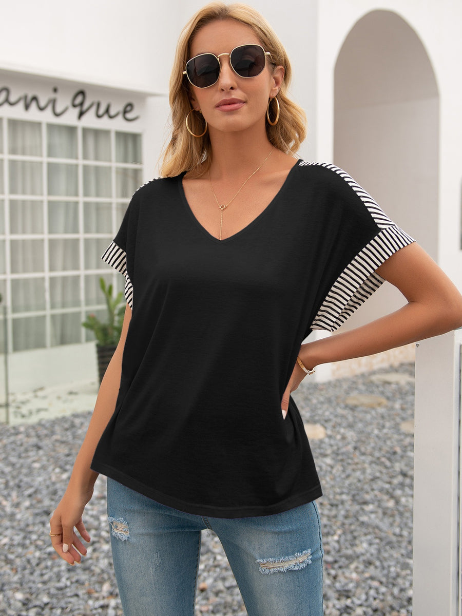 Ivy Lane Striped V-Neck Short Sleeve T-Shirt Black